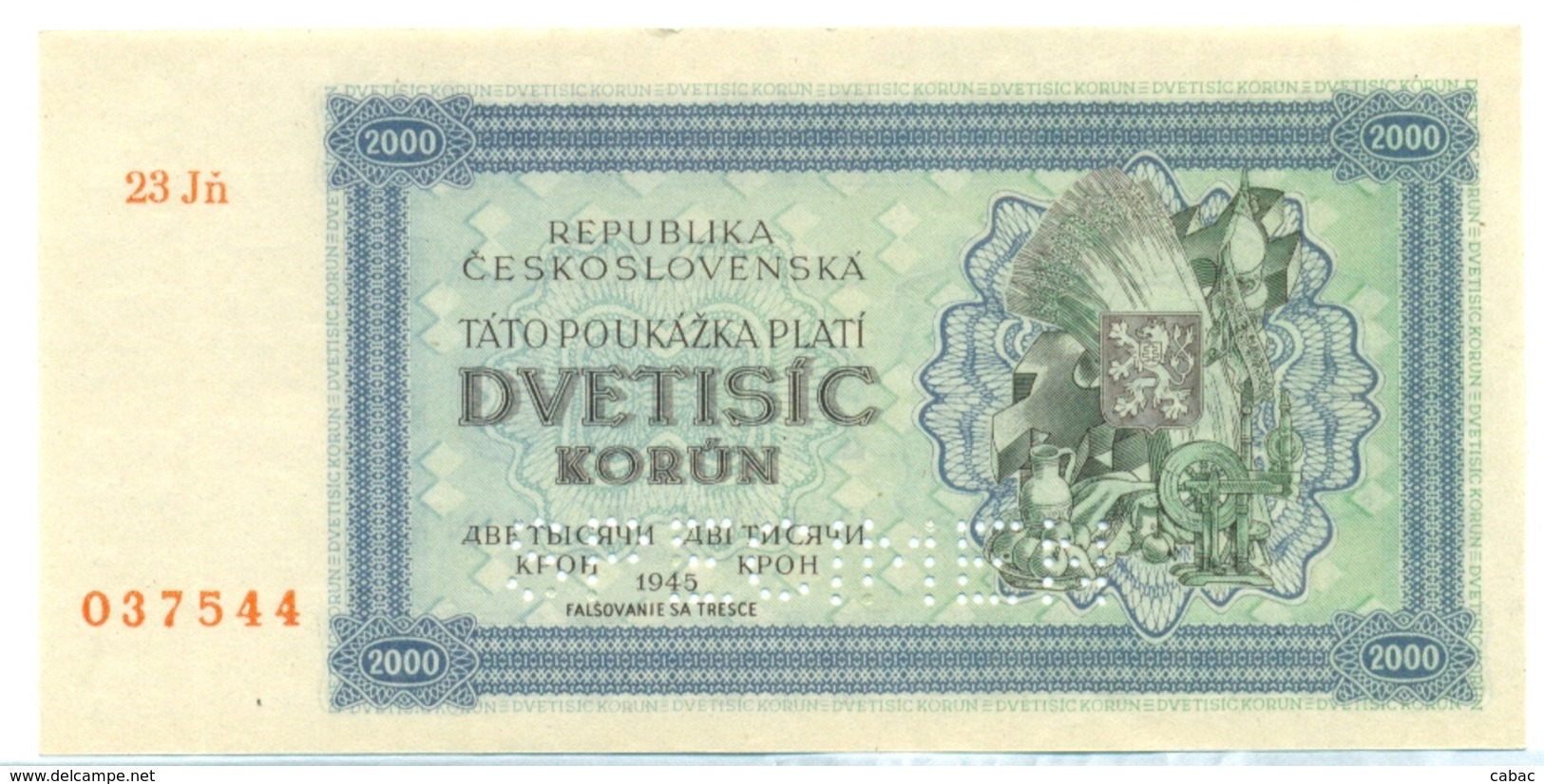 Czechoslovakia, 2000 Korun, SPECIMEN, 1945, 23 Jn, Occupation, Ww2, Banknote, Czech, Slovakia, Bohemia, Moravia - Tchécoslovaquie