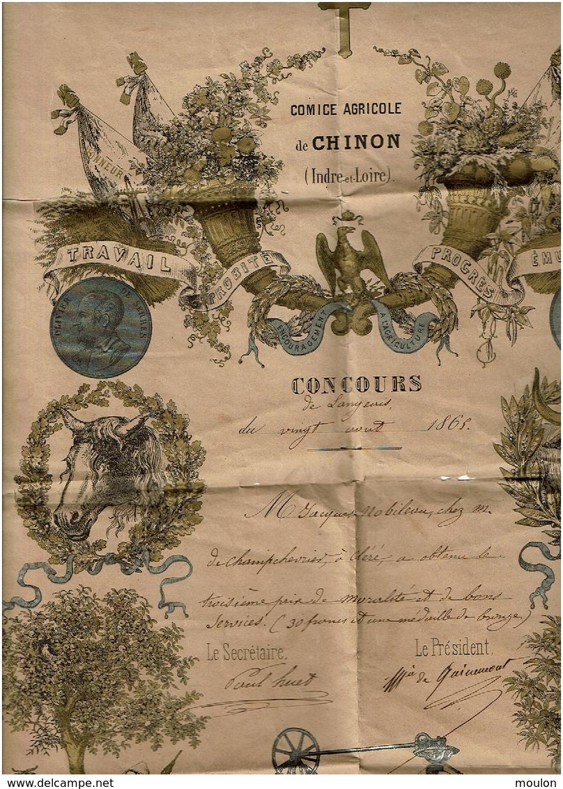 CHINON- Comices Agricoles -Concours De Langeais- 1865-recompense-(san En 2 Parties) - Diplômes & Bulletins Scolaires