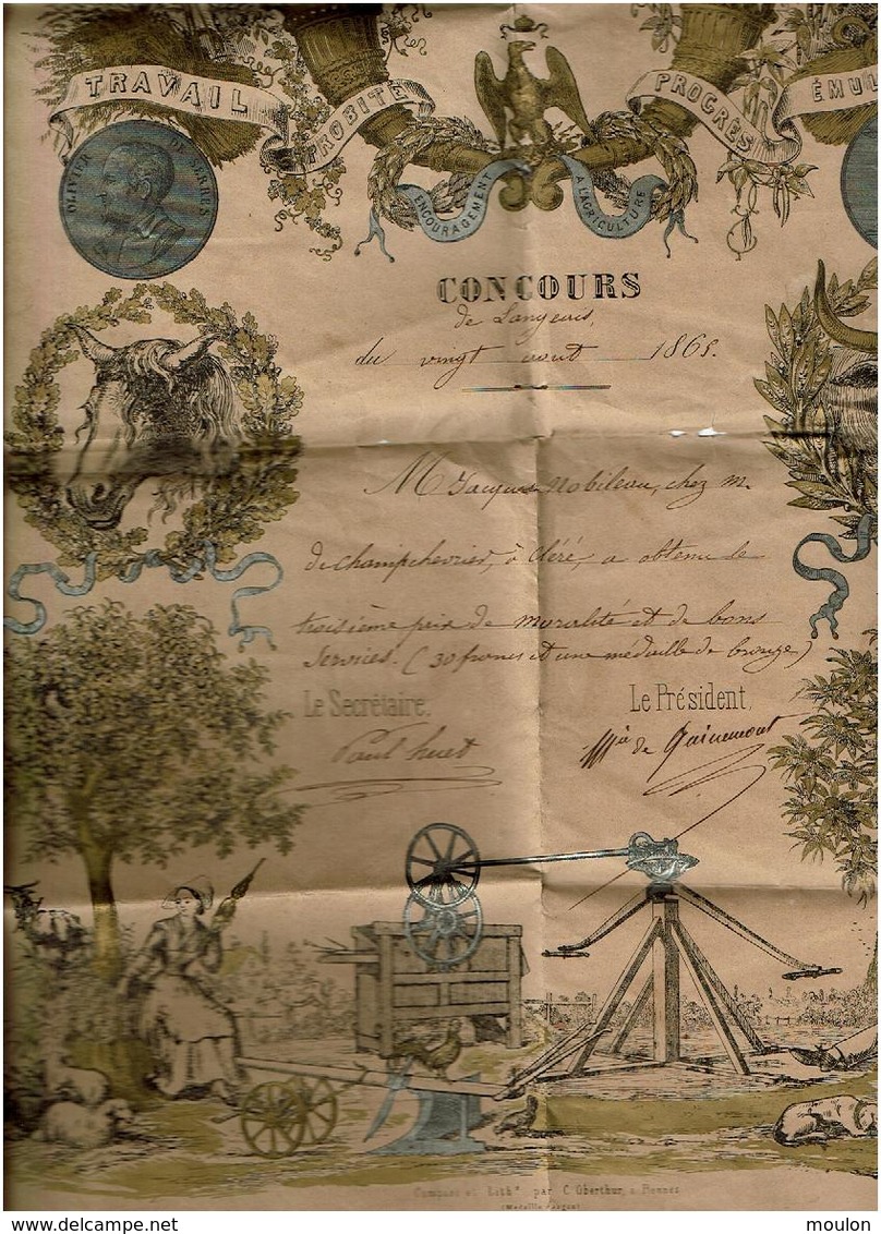 CHINON- Comices Agricoles -Concours De Langeais- 1865-recompense-(san En 2 Parties) - Diplômes & Bulletins Scolaires