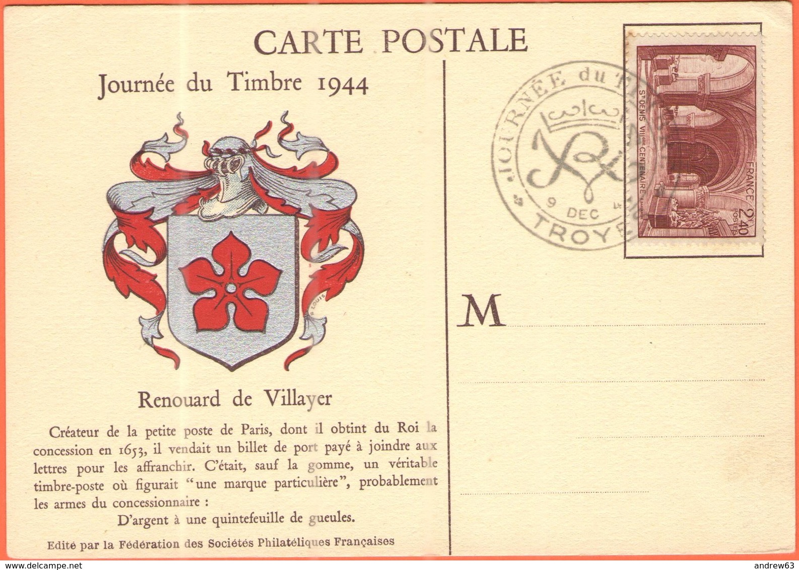 FRANCIA - France - 1944 - 2,40F Saint-Denis + Special Cancel Journée Du Timbre - Troyes - Carte Postale Renouard De Vill - Storia Postale