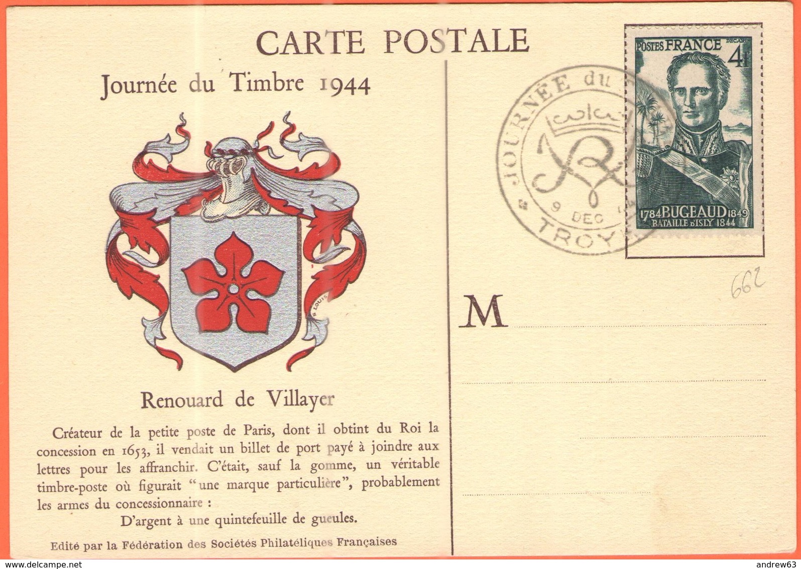 FRANCIA - France - 1944 - 4F Bugeaud + Special Cancel Journée Du Timbre - Troyes - Carte Postale Renouard De Villayer - Storia Postale