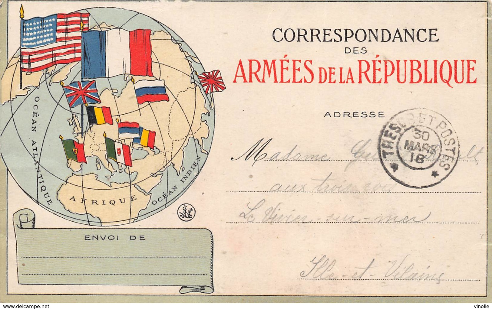 PIE-GIR-19-504 : CORRESPONDANCE DES ARMEES DE LA REPUBLIQUE. CACHET TRESOR ET POSTE. 30 MARS 1918 - Lettres & Documents