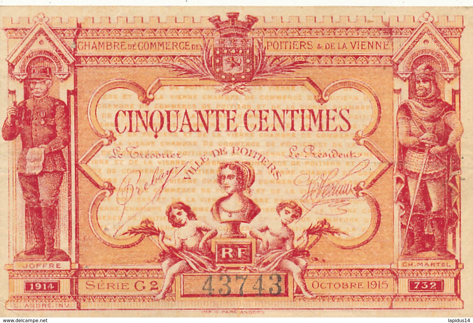 BILLET DE   CINQUANTE  CENTIMES   CHAMBRE DE COMMERCE D DE POITIERS  OCTOBRE 1915 - Chambre De Commerce