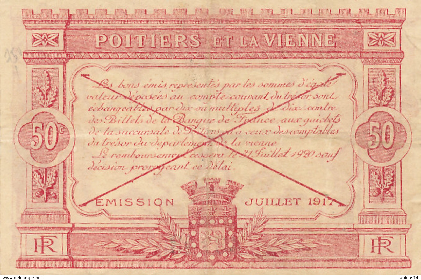 BILLET DE   CINQUANTE  CENTIMES   CHAMBRE DE COMMERCE D DE POITIERS  OCTOBRE 1915 - Chambre De Commerce