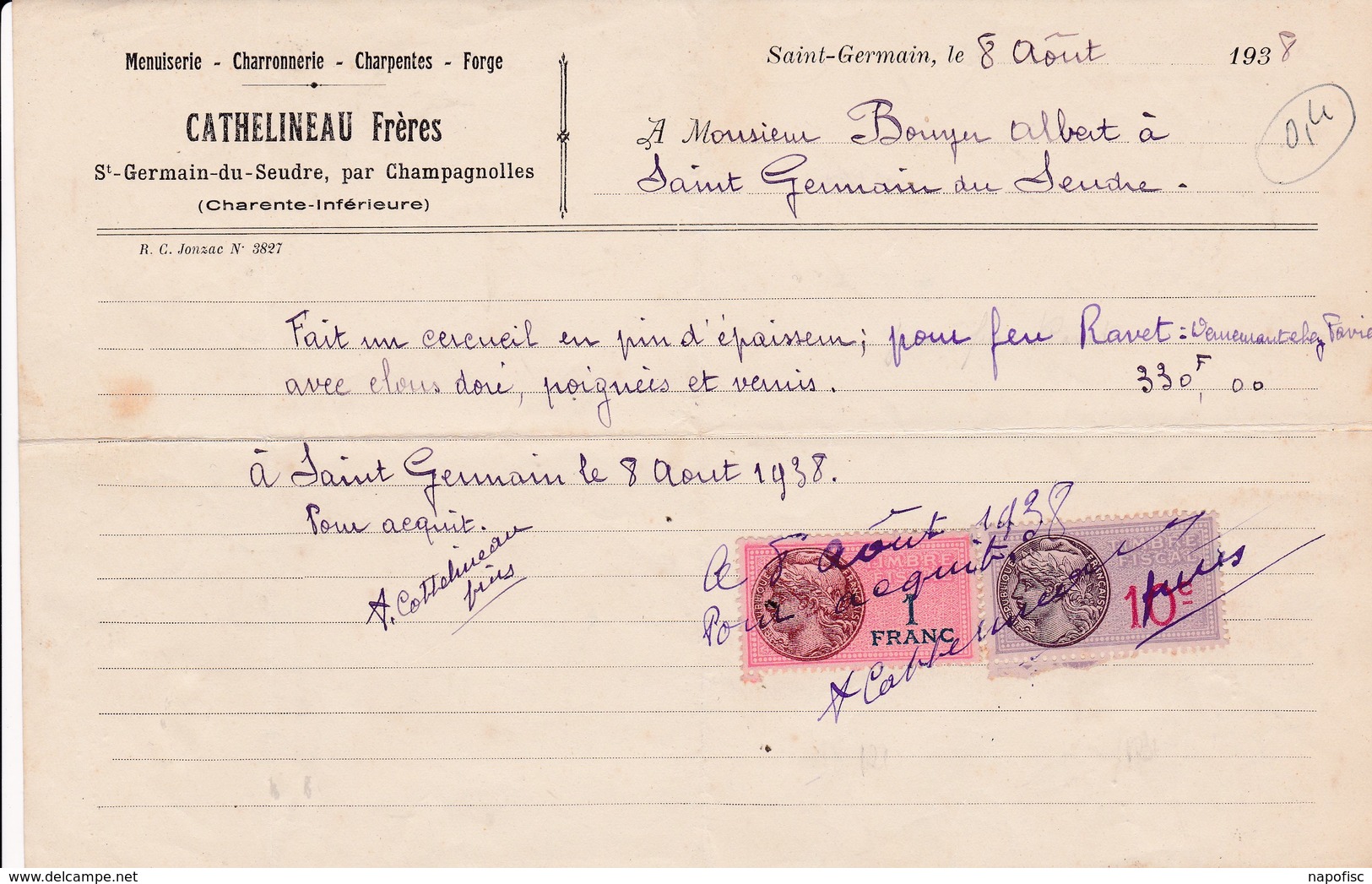 16-Cathelineau Frères..Menuiserie-Charronnerie-Charpentes....Saint-Germain-du-Seudre..par Champagnolles..(Charente).1938 - Autres & Non Classés