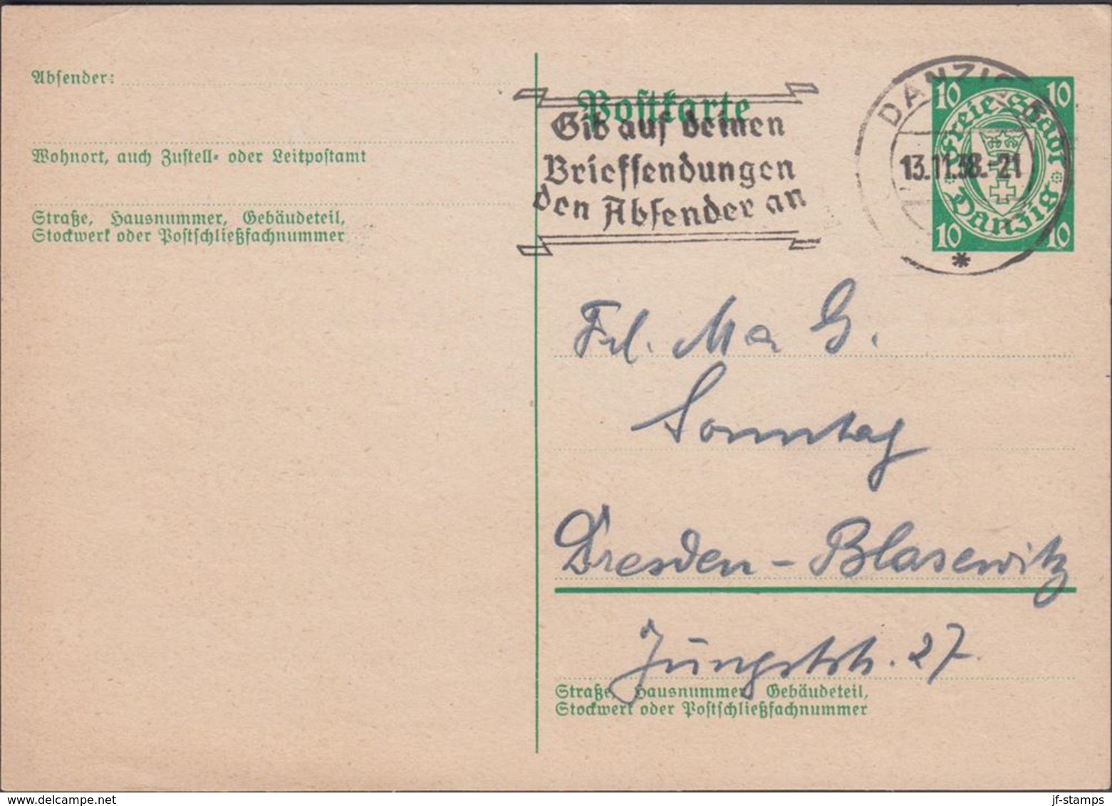 1938. Postkarte. 10 Pf. DANZIG 13.11.38 () - JF310360 - Entiers Postaux