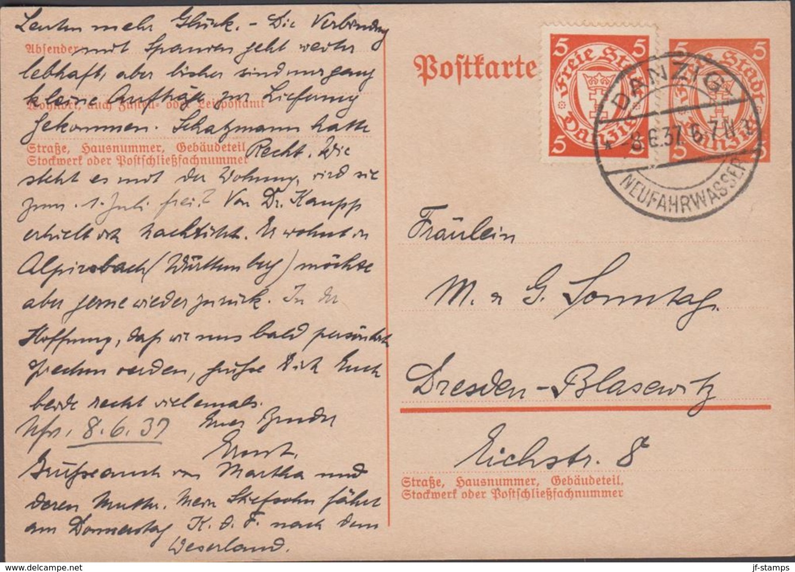 1937. Postkarte. 5 Pf. + 5 Pf.  DANZIG NEUFAHRWASSER 8. 6.37 () - JF310363 - Entiers Postaux