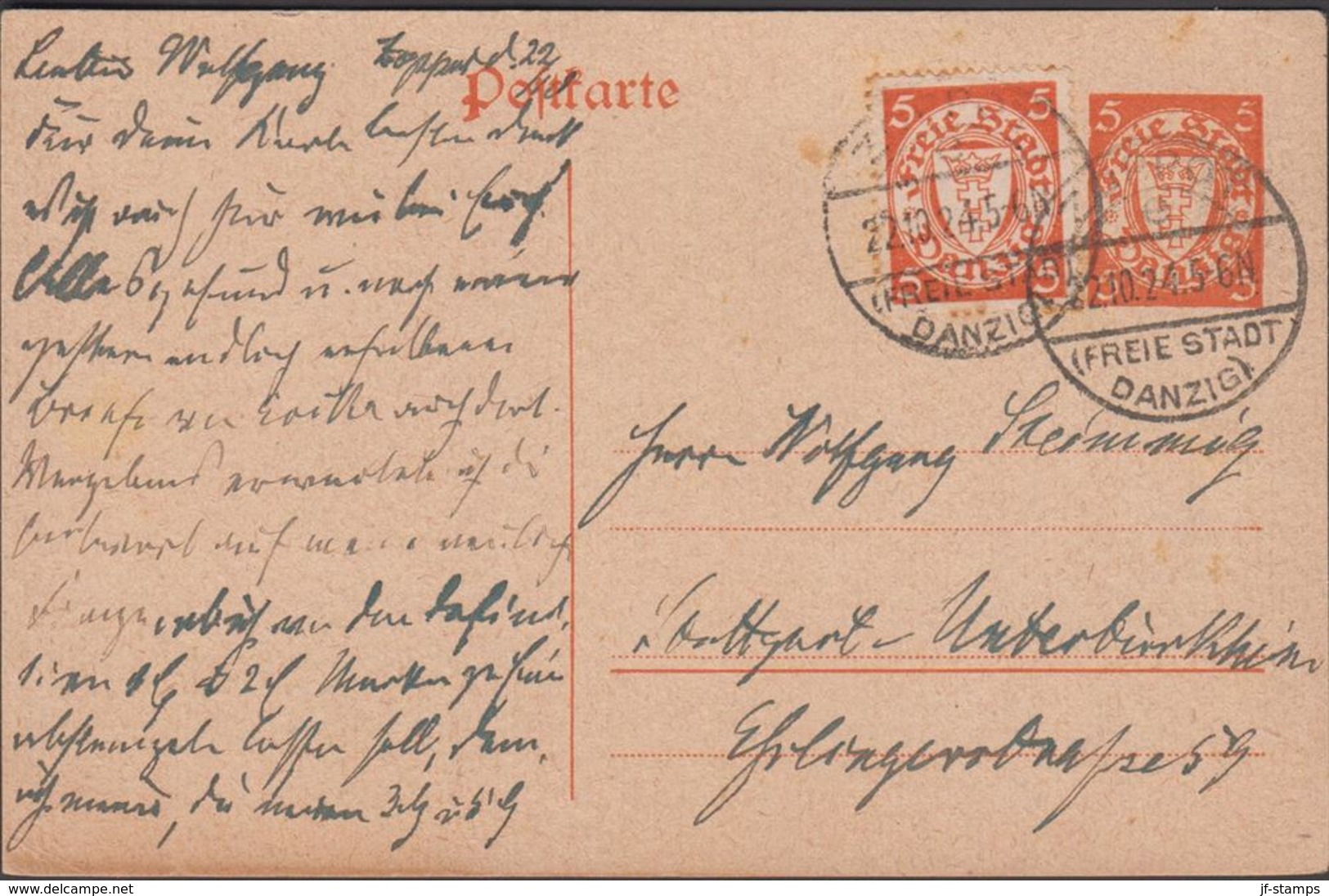 1924. Postkarte. 5 Pf. + 5 Pf.  ZOPPOT FREIE STADT DANZIG 22.10.24 () - JF310364 - Ganzsachen