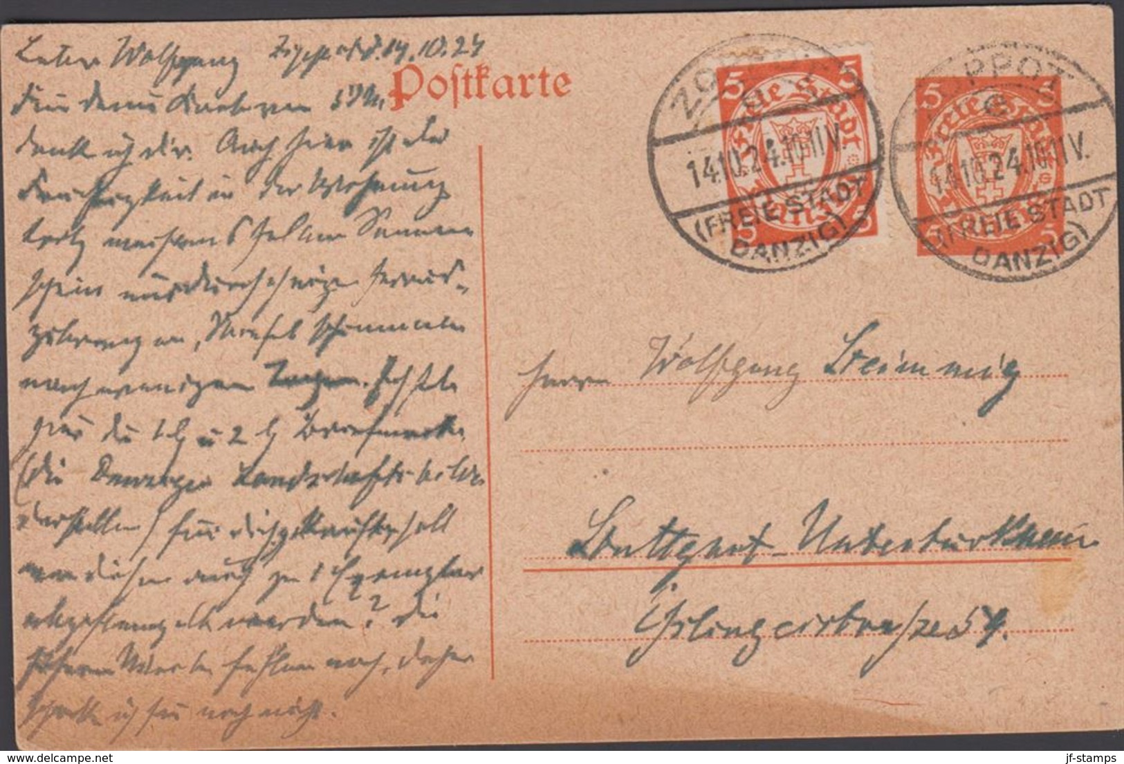 1924. Postkarte. 5 Pf. + 5 Pf.  ZOPPOT FREIE STADT DANZIG 14.10.24 () - JF310365 - Ganzsachen