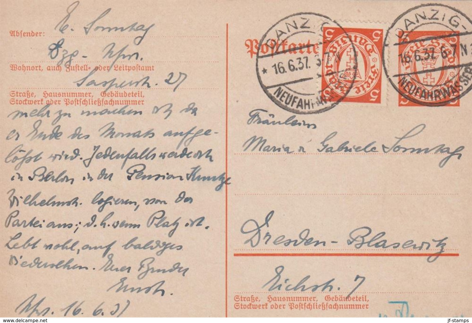 1937. Postkarte. 5 Pf. + 5 Pf.  DANZIG NEUFAHRWASSER 16.6.37 () - JF310366 - Entiers Postaux