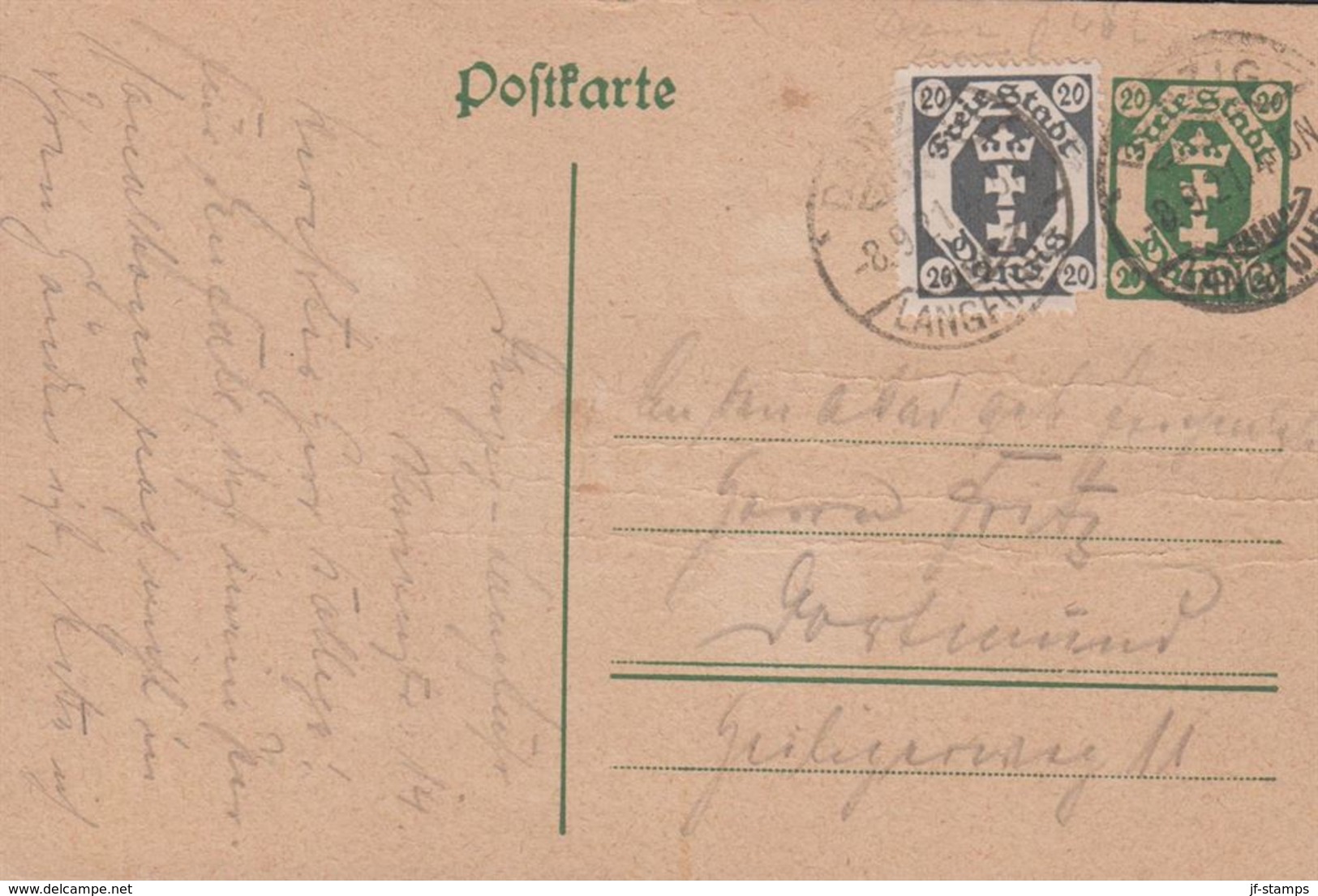 1921. Postkarte. 20 Pf. + 20 Pf. DANZIG LANGFUHR -8.9.21. () - JF310386 - Enteros Postales