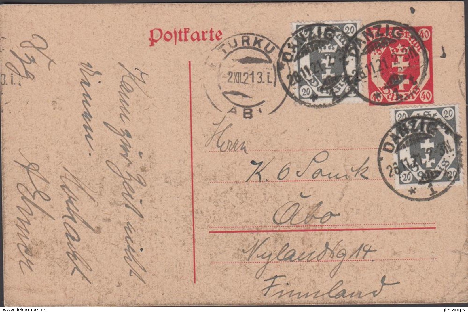 1921. Postkarte. 40 Pf. + 2 X 20 Pf. DANZIG 28.11.21. To Finland TURKU ÅBO -2.XII.21 () - JF310388 - Interi Postali