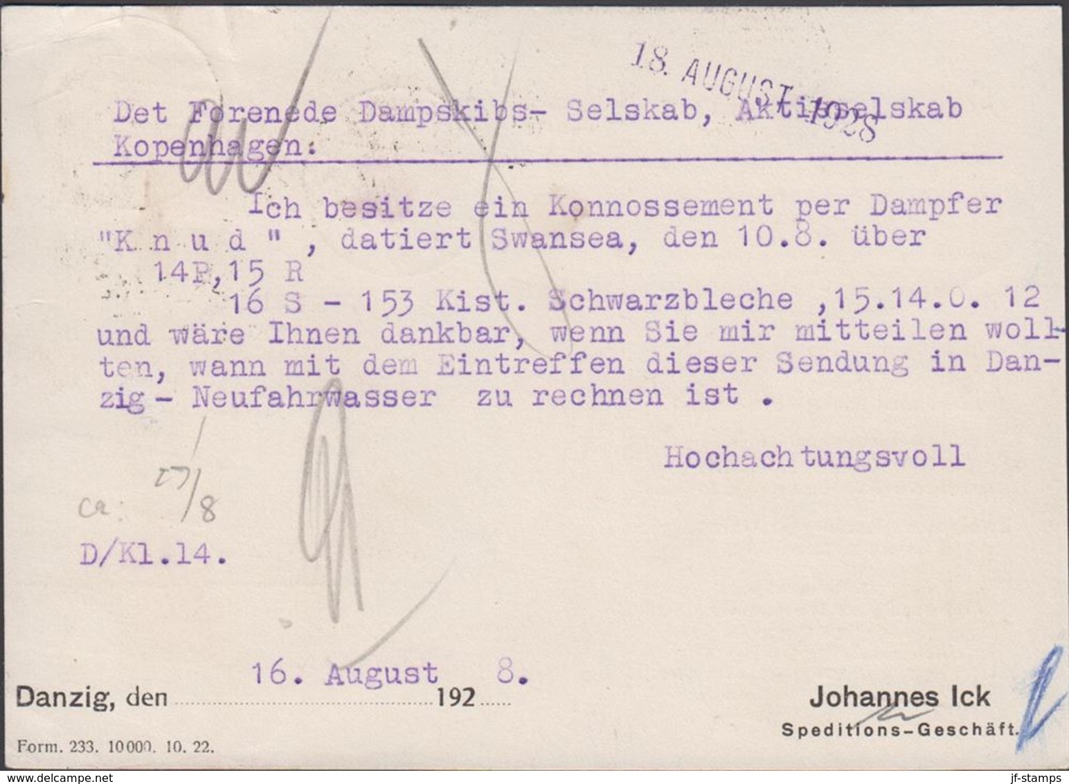 1928. 2 X 10 Pf. DANZIG 16.8.28. To Kopenhagen. (MICHEL 194) - JF310412 - Sonstige & Ohne Zuordnung