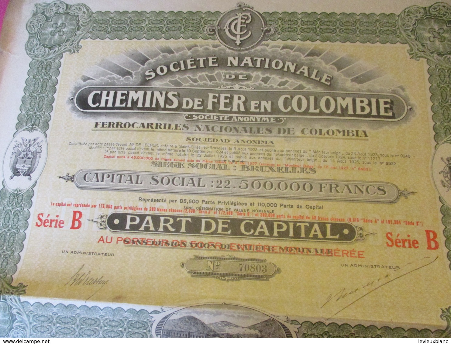 Part De Capital Au Porteur De 50 Francs Entièrement Libérée/Société Nationale De Chemins De Fer En COLOMBIE/1924  ACT171 - Spoorwegen En Trams