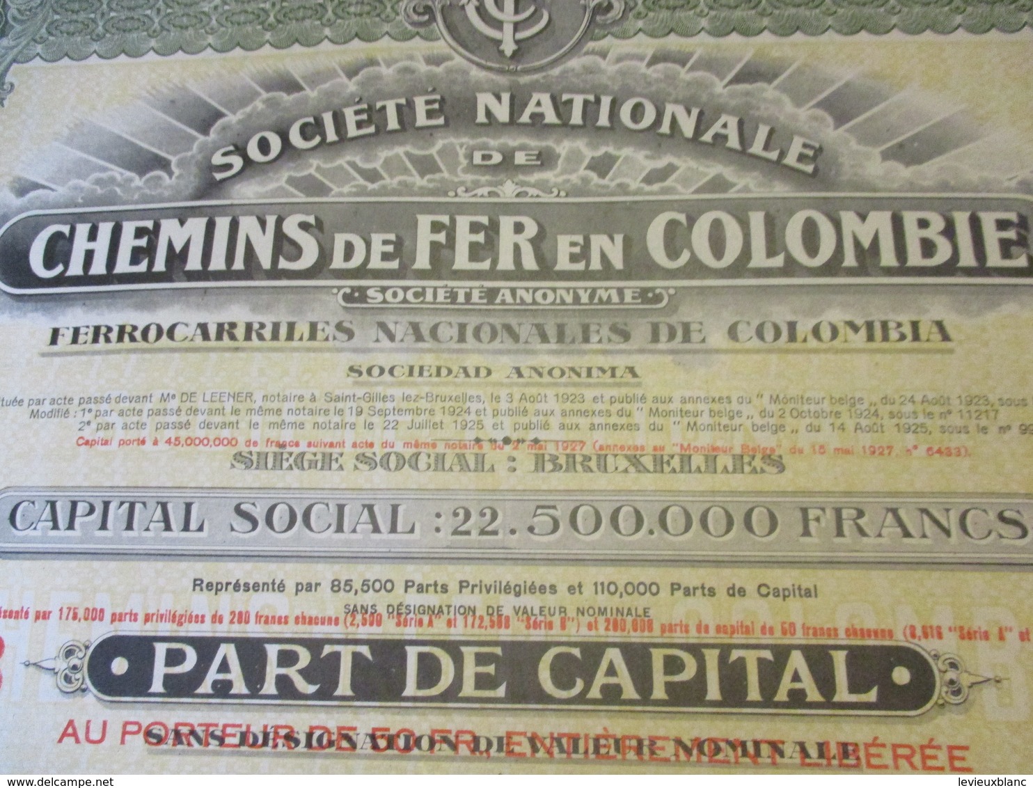 Part De Capital Au Porteur De 50 Francs Entièrement Libérée/Société Nationale De Chemins De Fer En COLOMBIE/1924  ACT171 - Spoorwegen En Trams