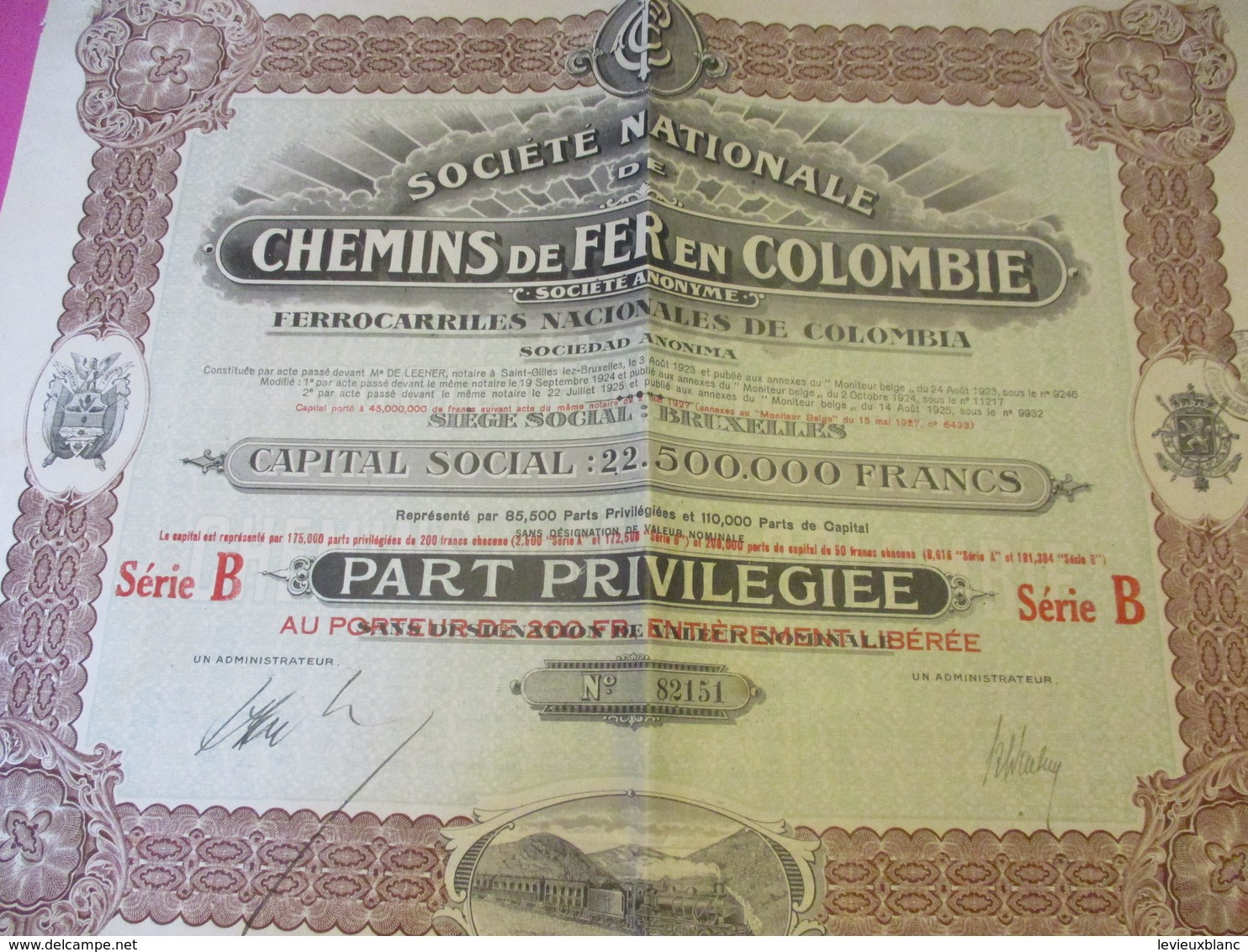 Part Privilégiée Au Porteur De 200 Francs Entièrement Libérée/Société Nationale De Chemins De Fer  COLOMBIE/1927 ACT172 - Ferrocarril & Tranvías