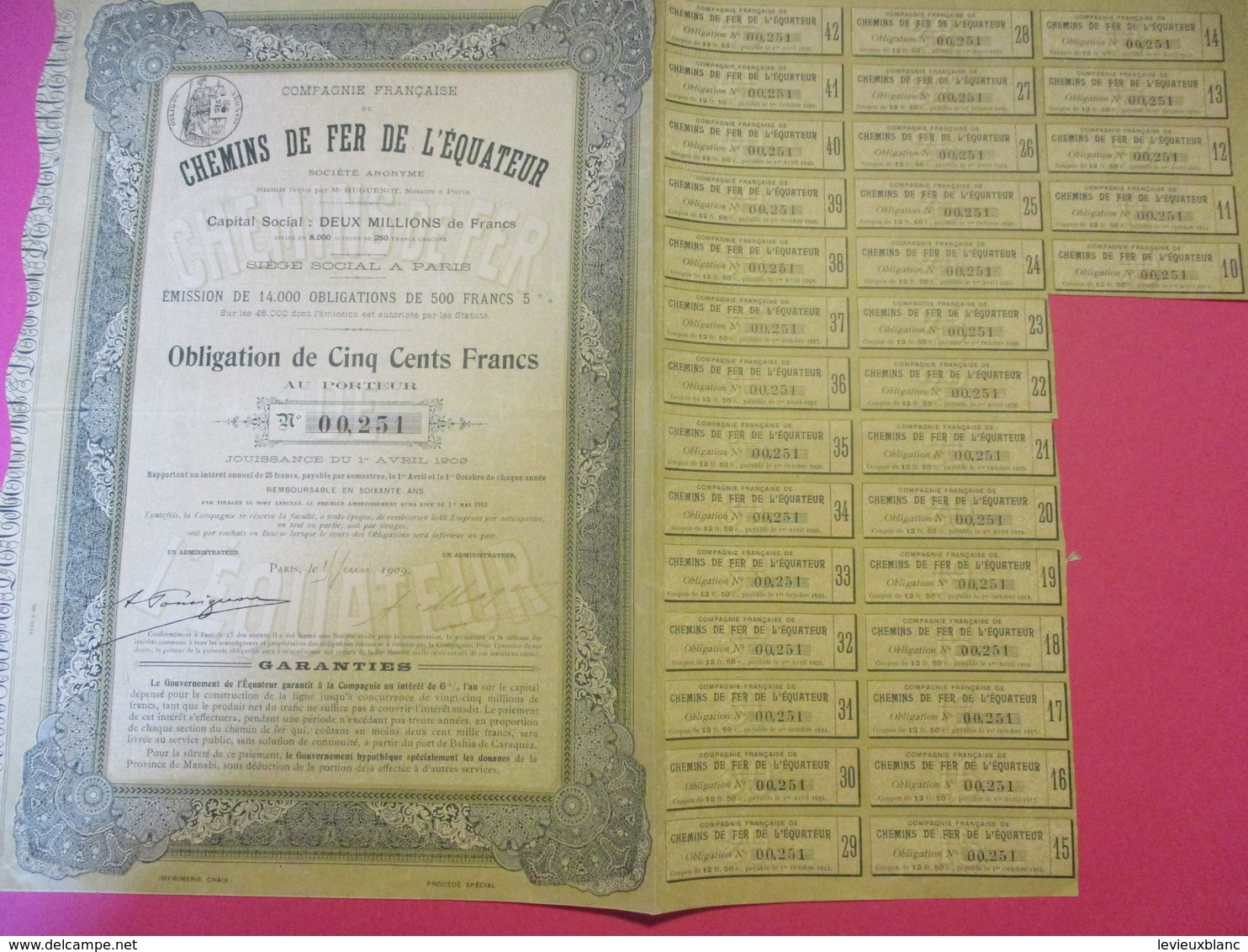 Obligation De 500 Francs Au Porteur/Chemins De Fer De L'EQUATEUR/ Compagnie Française/ Paris/1909      ACT173 - Spoorwegen En Trams