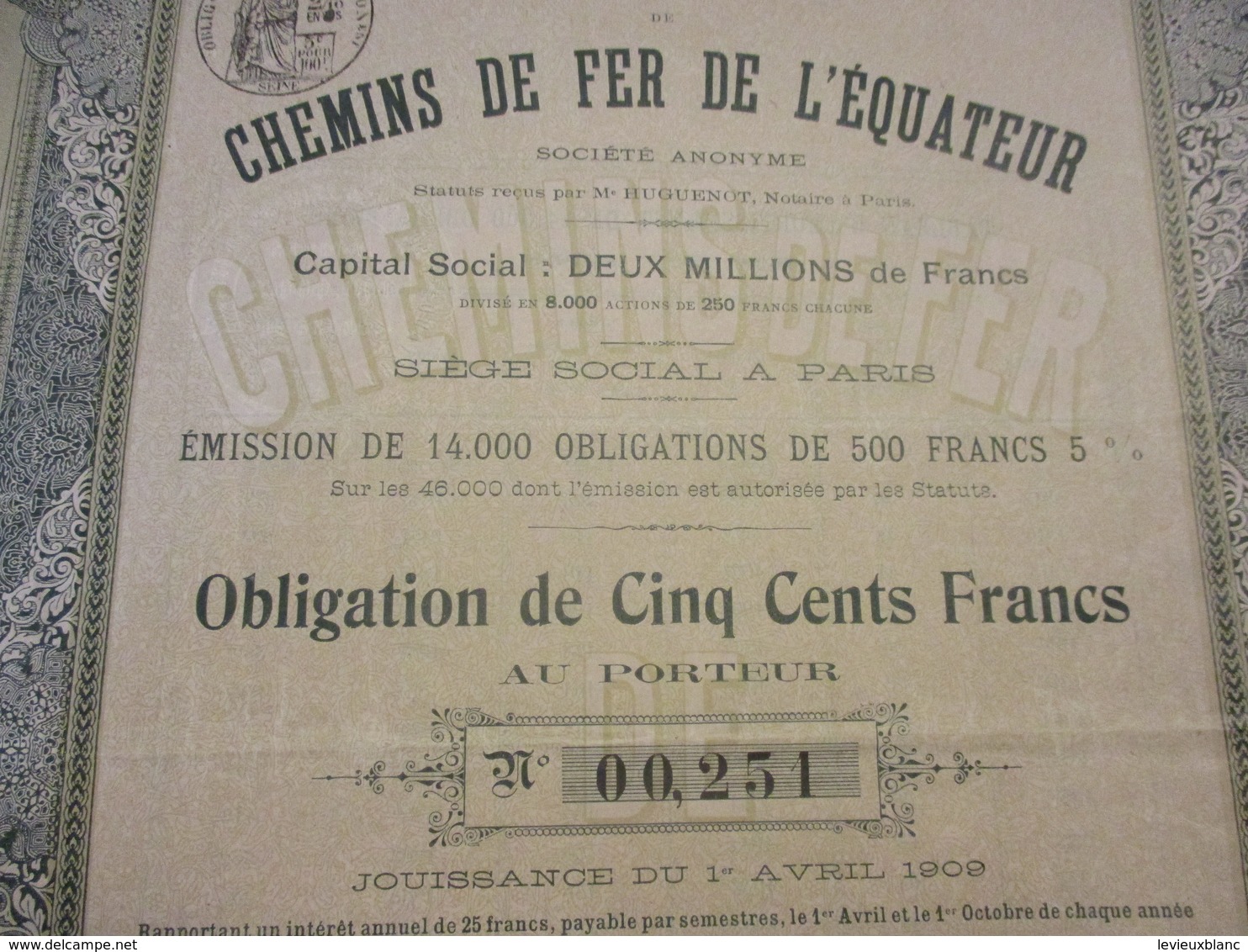 Obligation De 500 Francs Au Porteur/Chemins De Fer De L'EQUATEUR/ Compagnie Française/ Paris/1909      ACT173 - Spoorwegen En Trams