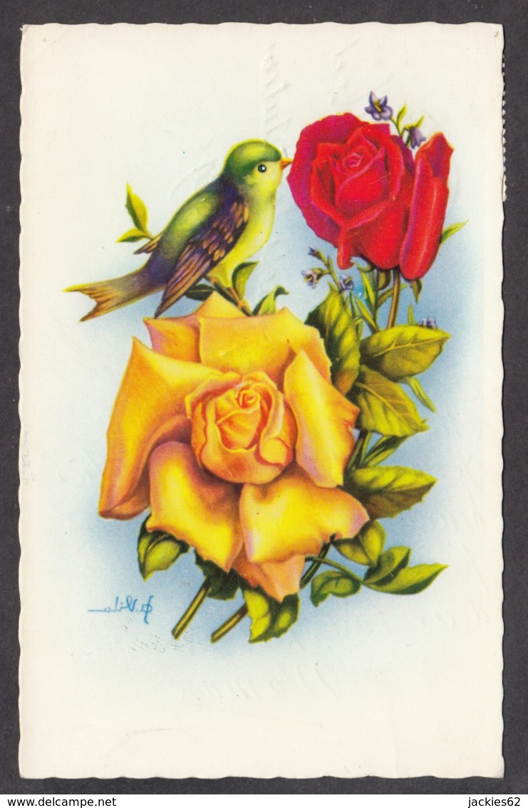 93493/ FLEURS, Illustration Signée, Roses Et Oiseau - Fleurs