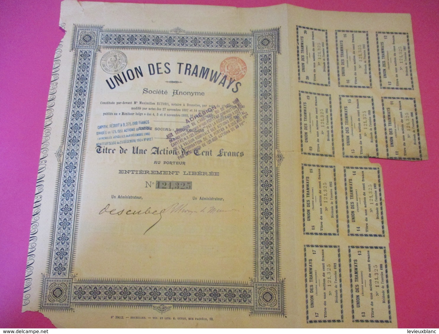 Action De 100 Francs Au Porteur Entièrement Libérée/Union Des Tramways/ Bruxelles /1900     ACT174 - Spoorwegen En Trams