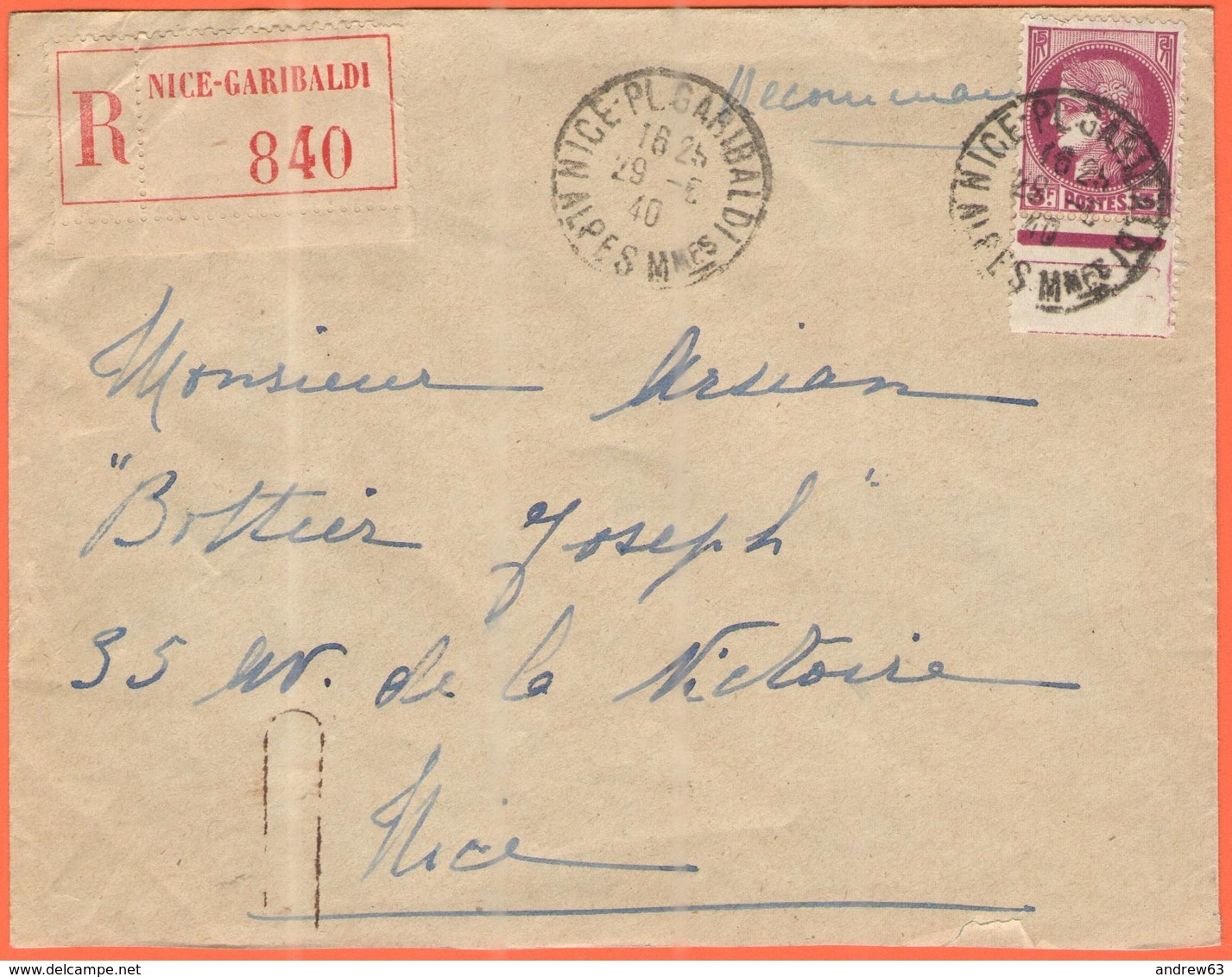 FRANCIA - France - 1940 - 3F Cérès - Recommandée - Viaggiata Da Nice Per Nice - Storia Postale