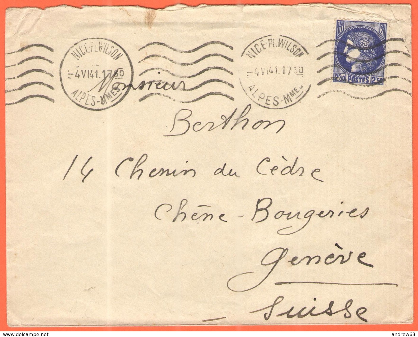 FRANCIA - France - 1941 - 2,50F Cérès - Viaggiata Da Nice Per Genève - Cartas & Documentos