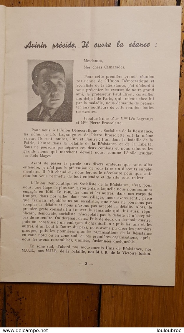 UNION DEMOCRATIQUE ET SOCIALISTE DE LA RESISTANCE U.D.S.R  19/07/1945 SALLE WAGRAM 32 PAGES - Historische Dokumente