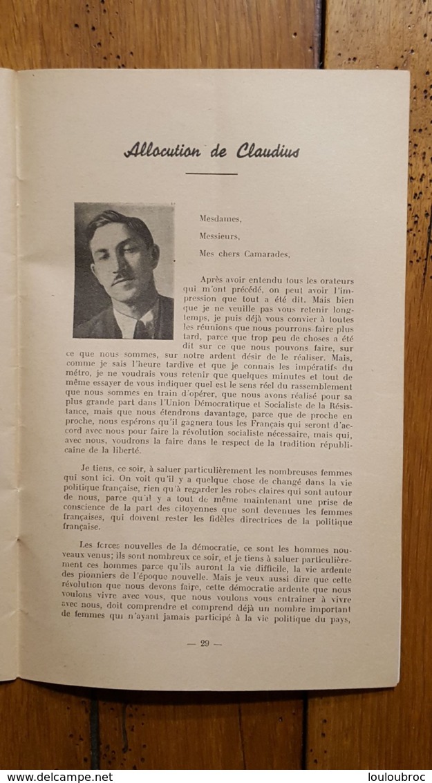 UNION DEMOCRATIQUE ET SOCIALISTE DE LA RESISTANCE U.D.S.R  19/07/1945 SALLE WAGRAM 32 PAGES