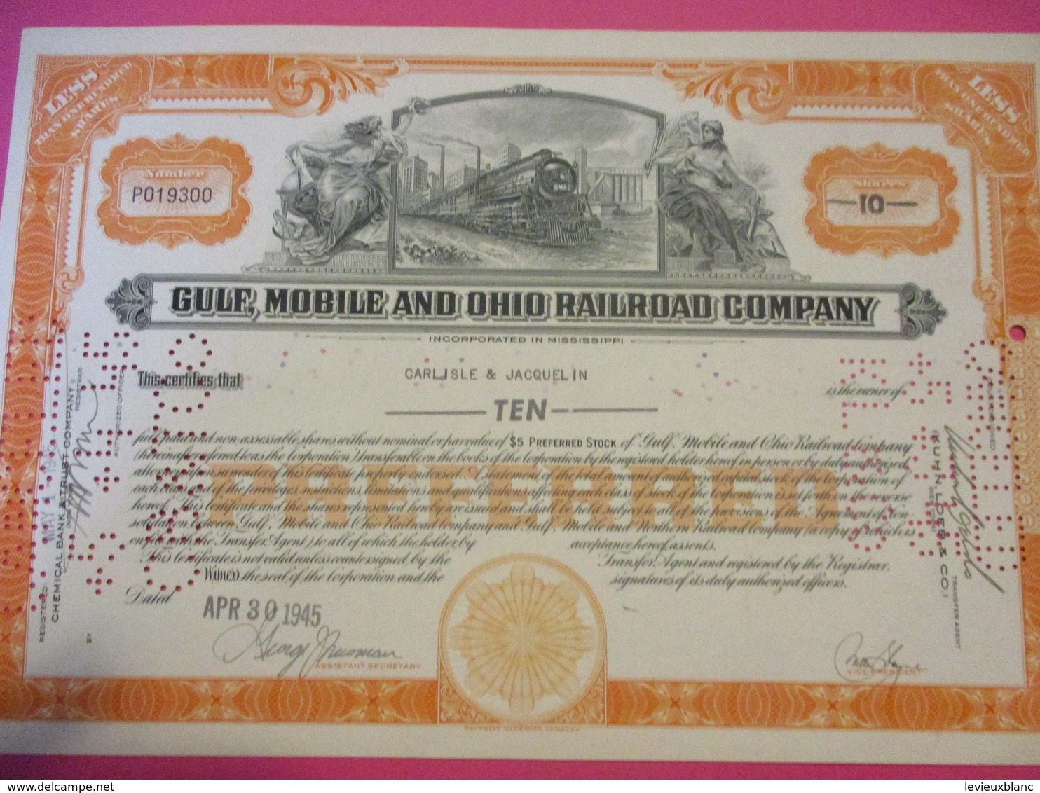 Certificat De 10 Parts De Bénéfice/Gulf Mobile And Ohio Railroad Company / Mississippi/ USA /1945    ACT175 - Ferrocarril & Tranvías