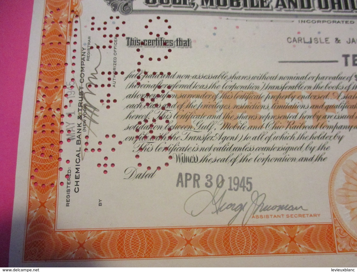 Certificat De 10 Parts De Bénéfice/Gulf Mobile And Ohio Railroad Company / Mississippi/ USA /1945    ACT175 - Spoorwegen En Trams