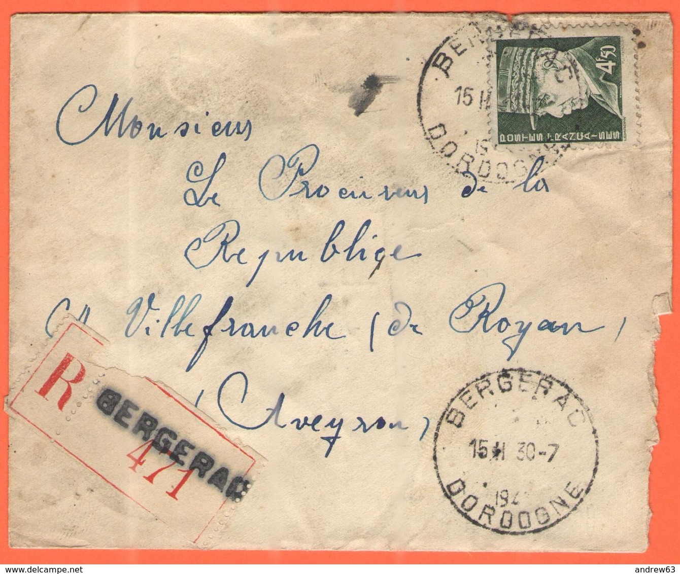 FRANCIA - France - 1943 - 4,50F Pétain - Recommandée - Viaggiata Da Bergerac Per Villefranche-de-Rouergue - Storia Postale