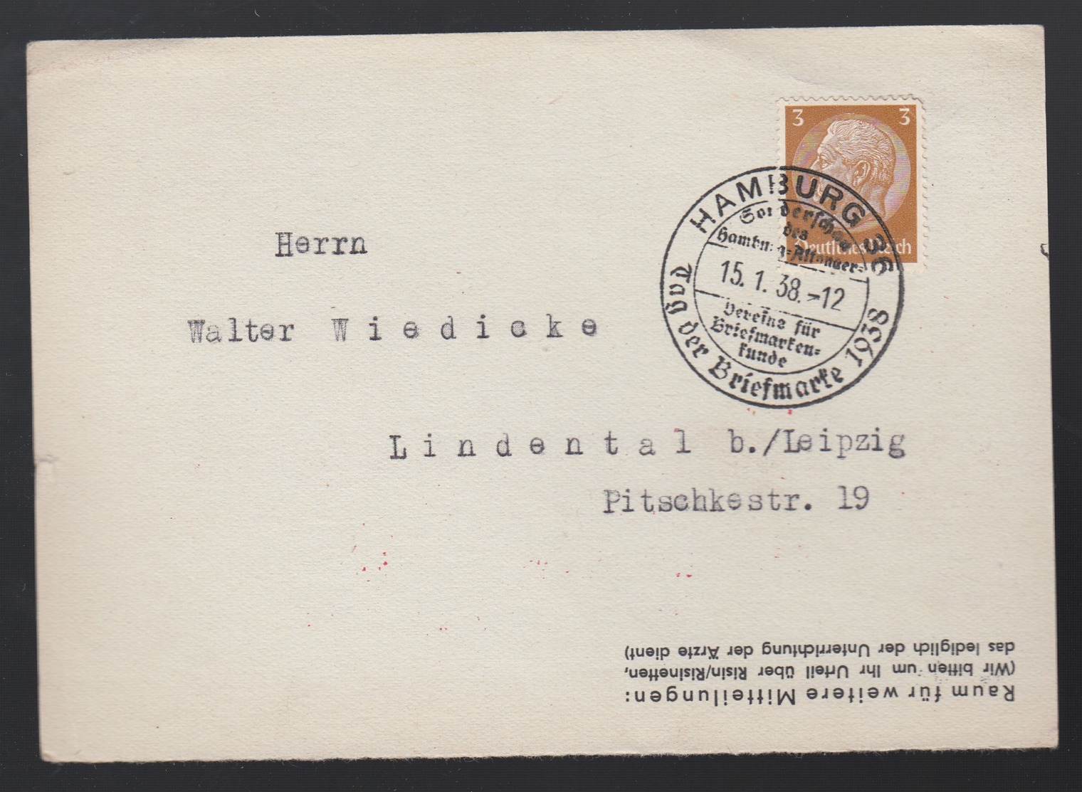 Deutsches Reich Postkarte Sonderstempel 1938 Hamburg Nach Lindenthal Bei Leipzig Lot 609D - Maschinenstempel (EMA)