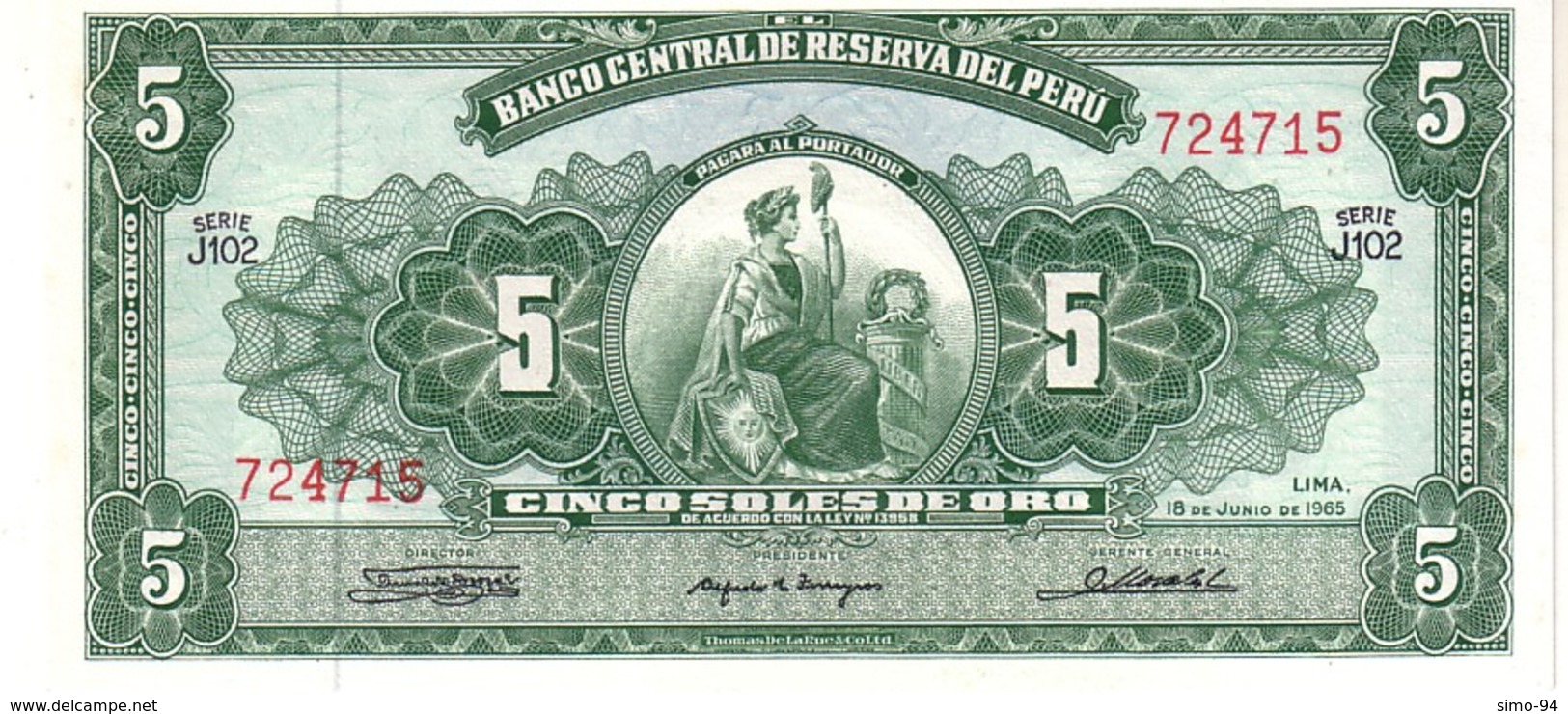 Perù P.83 5  Soles 1965 Unc - Perù