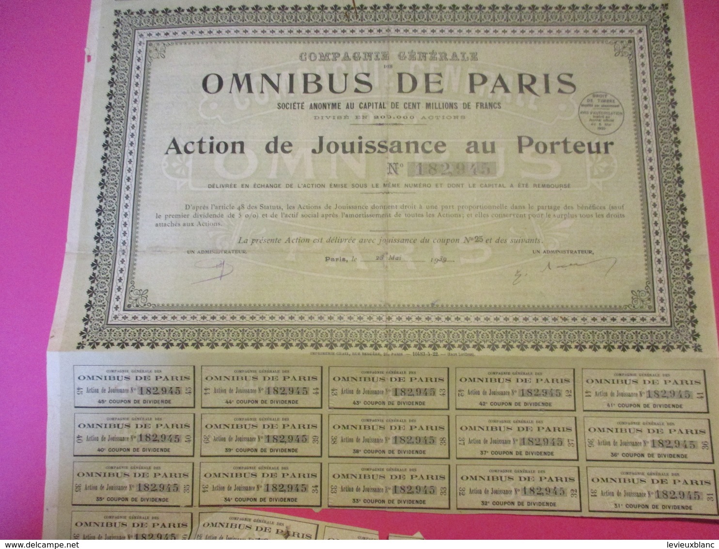 Action De Jouissance Au Porteur/Compagnie Générale Des Omnibus De Paris/ /1939    ACT177 - Chemin De Fer & Tramway