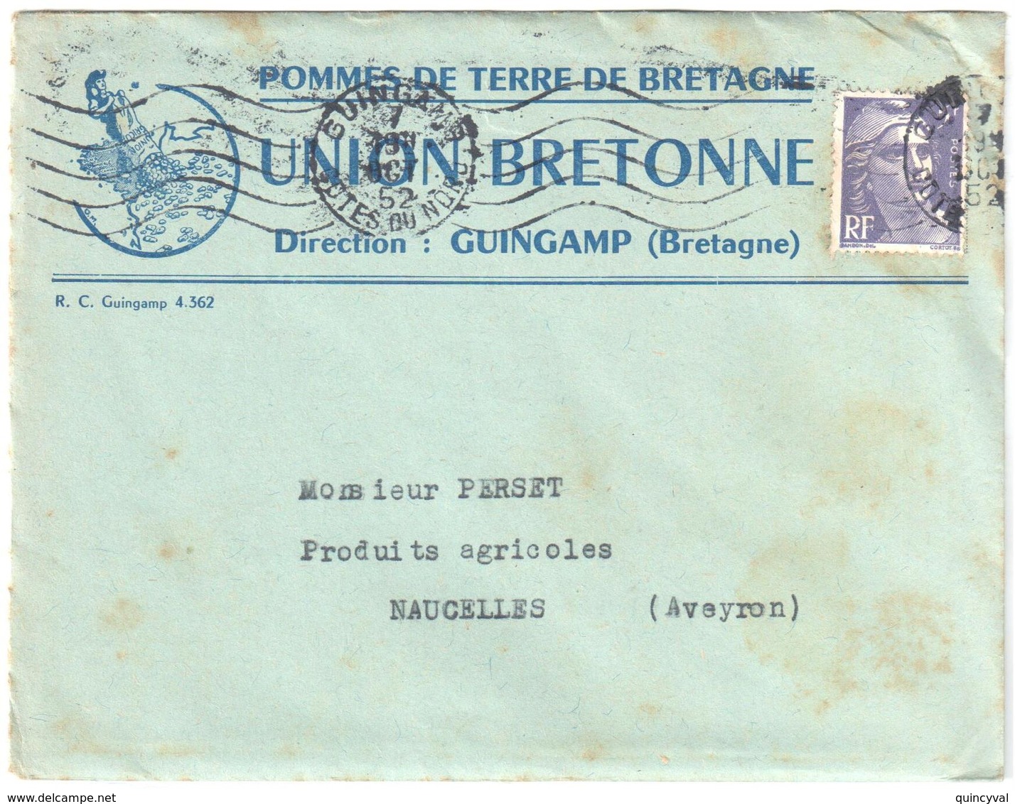 GUINGAMP Côtes Du Nord Imprimé Entête Union Bretonne Pommes Terres Avec Prix Gandon 5F Violet Yv 883 Ob Meca 9 10 1952 - Cartas & Documentos