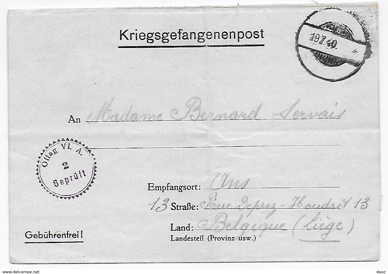 Correspondance Prisonnier Soldat Belge Guerre 40-45 Oflag VI A Vers Ans (Liège) - Guerre 40-45 (Lettres & Documents)