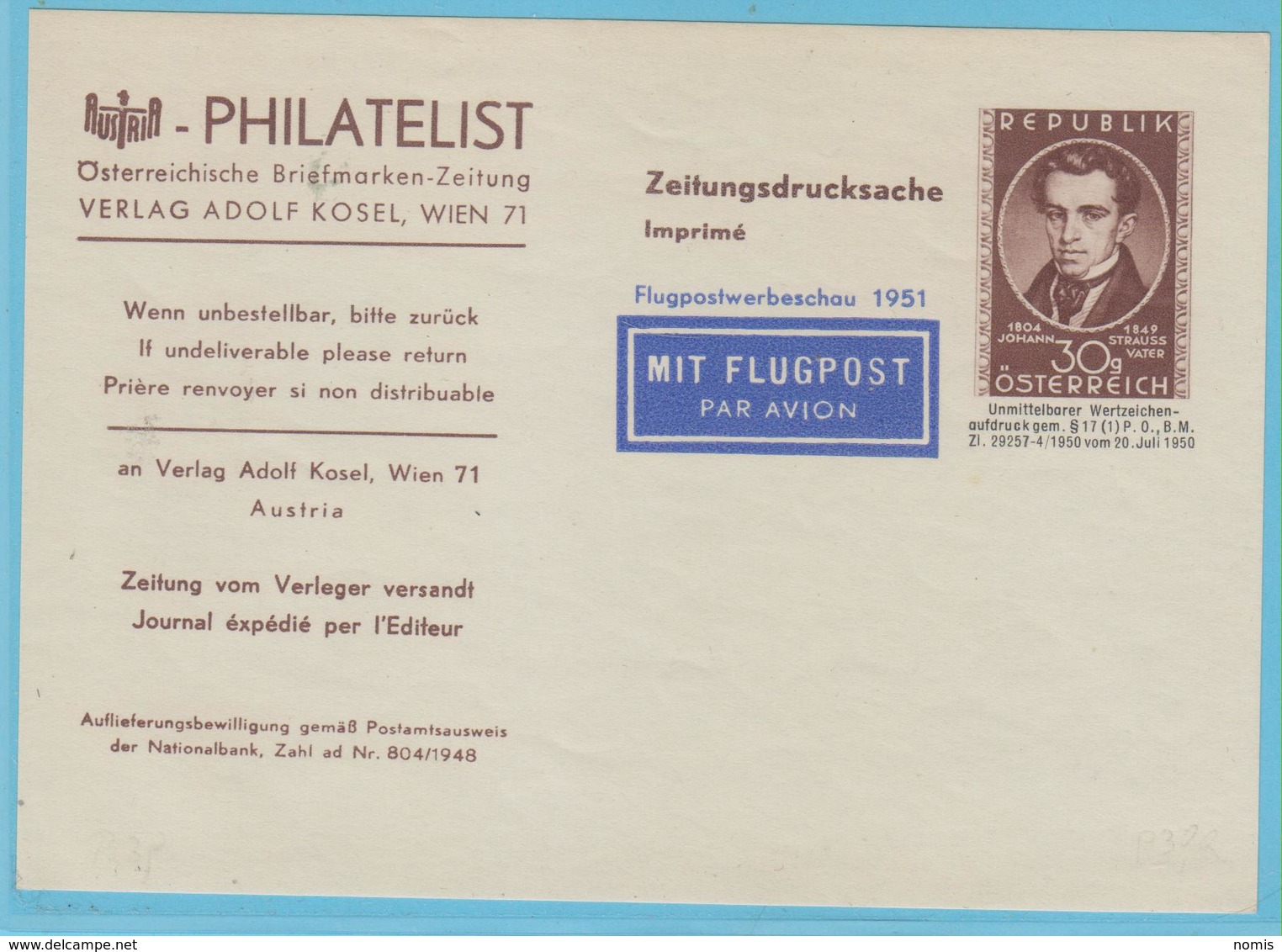 J.M. 24 - Entier Postal - Autriche - N° 3 - Compositeur - J. Strauss Père - Etiquette Adresse - Musique