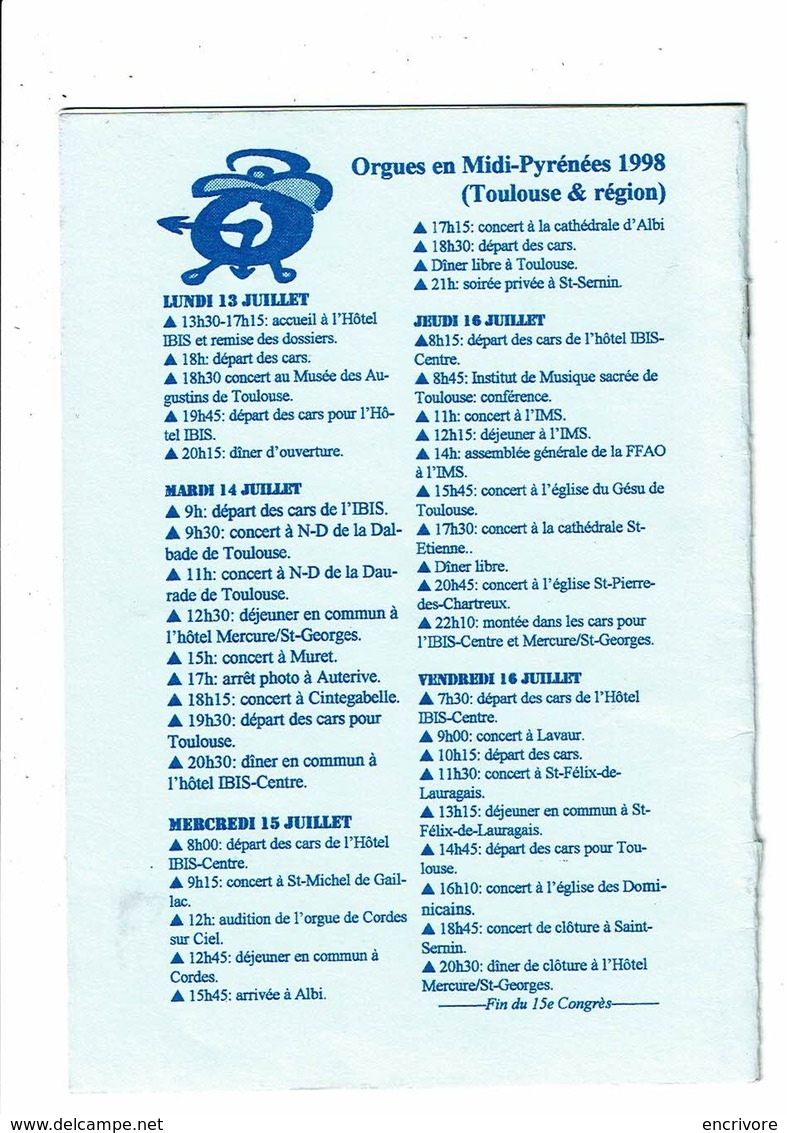 Livret Du Congressiste ORGUES EN MIDI PYRENEES Toulouse Et Région15e Congrès FFAO Opton Gers 1998 - Midi-Pyrénées