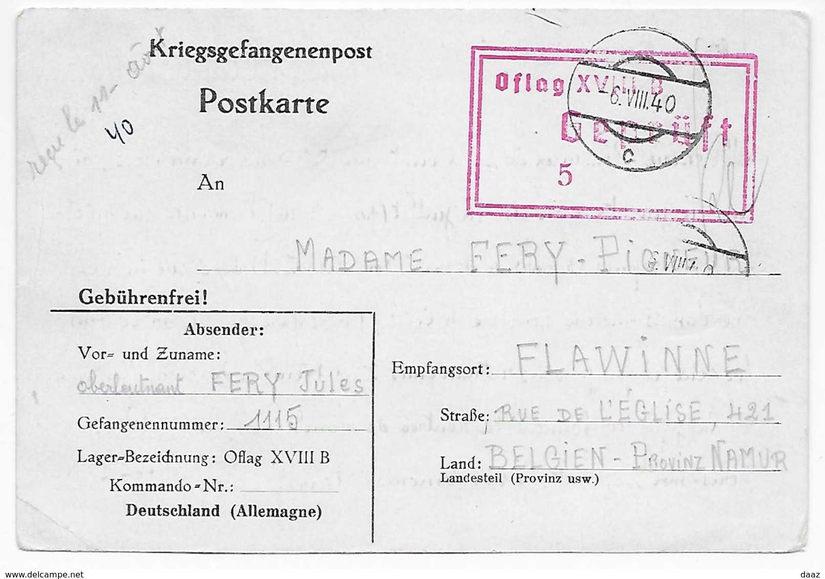 Correspondance Prisonnier Soldat Belge Guerre 40-45 Oflag XVIII B  Vers Flawinne - Guerre 40-45 (Lettres & Documents)