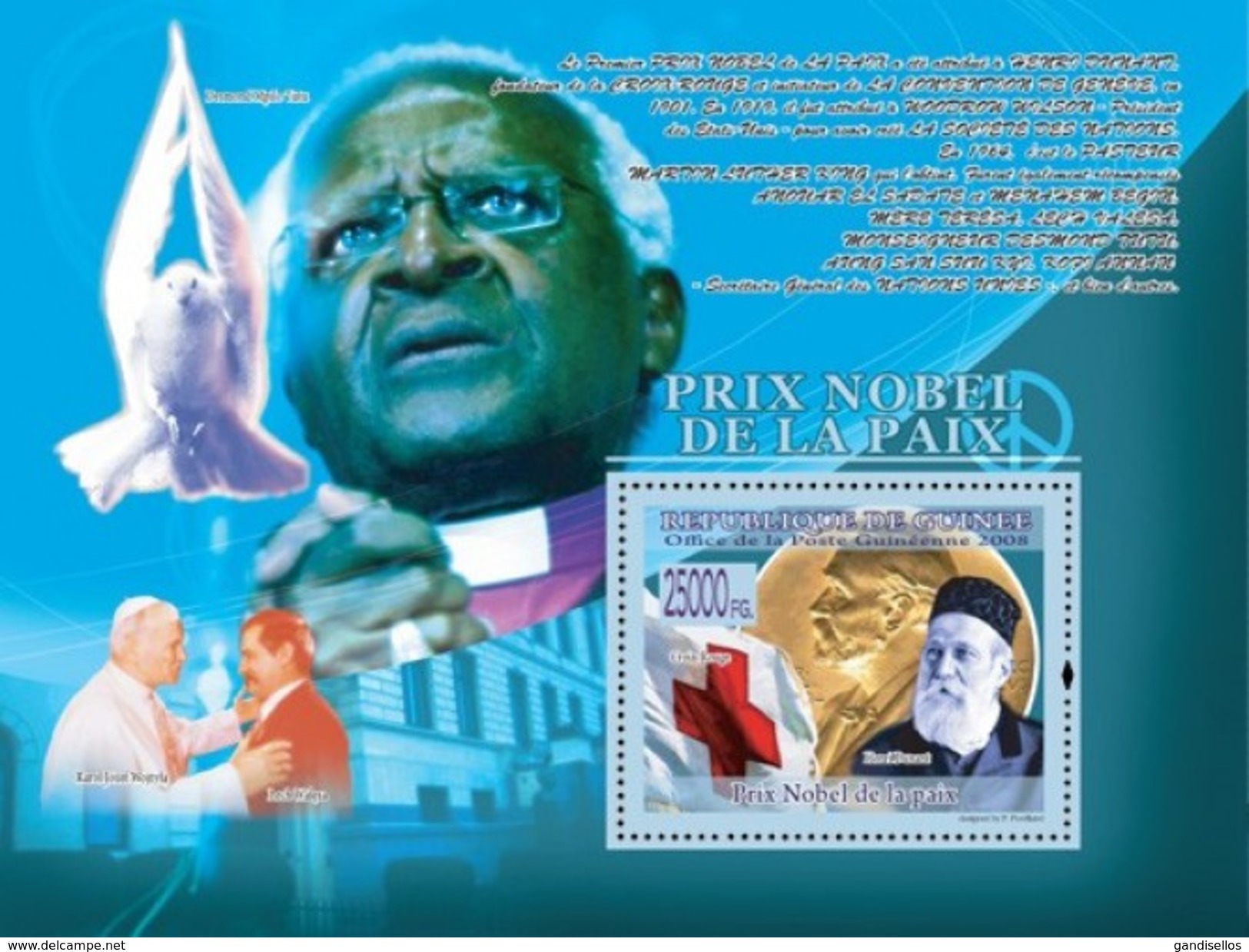 GUINEA 2008 SHEET PRIX NOBEL DE LA PAIX NOBEL PRIZE PEACE HENRI DUNANT RED CROSS CROIX ROUGE POPE JOHN PAUL II Gu0870a - Guinée (1958-...)