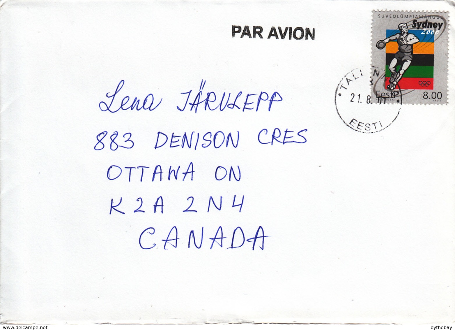 Estonia To Canada 2001 Cover Sc #399 8k Discus Thrower Summer Olympics Sydney - Estonie