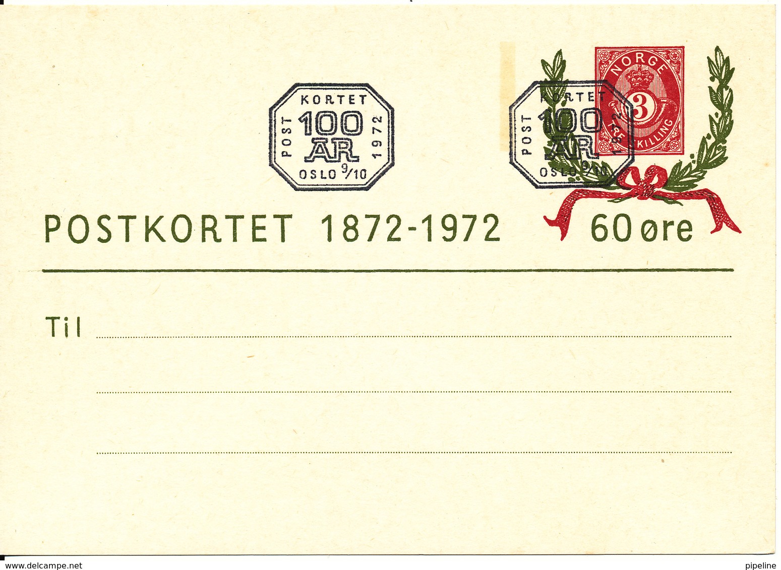 Norway FDC 9-10-1972 Postcard Postal Stationery ( Postkortet 1872 - 1972 60 öre) - Covers & Documents