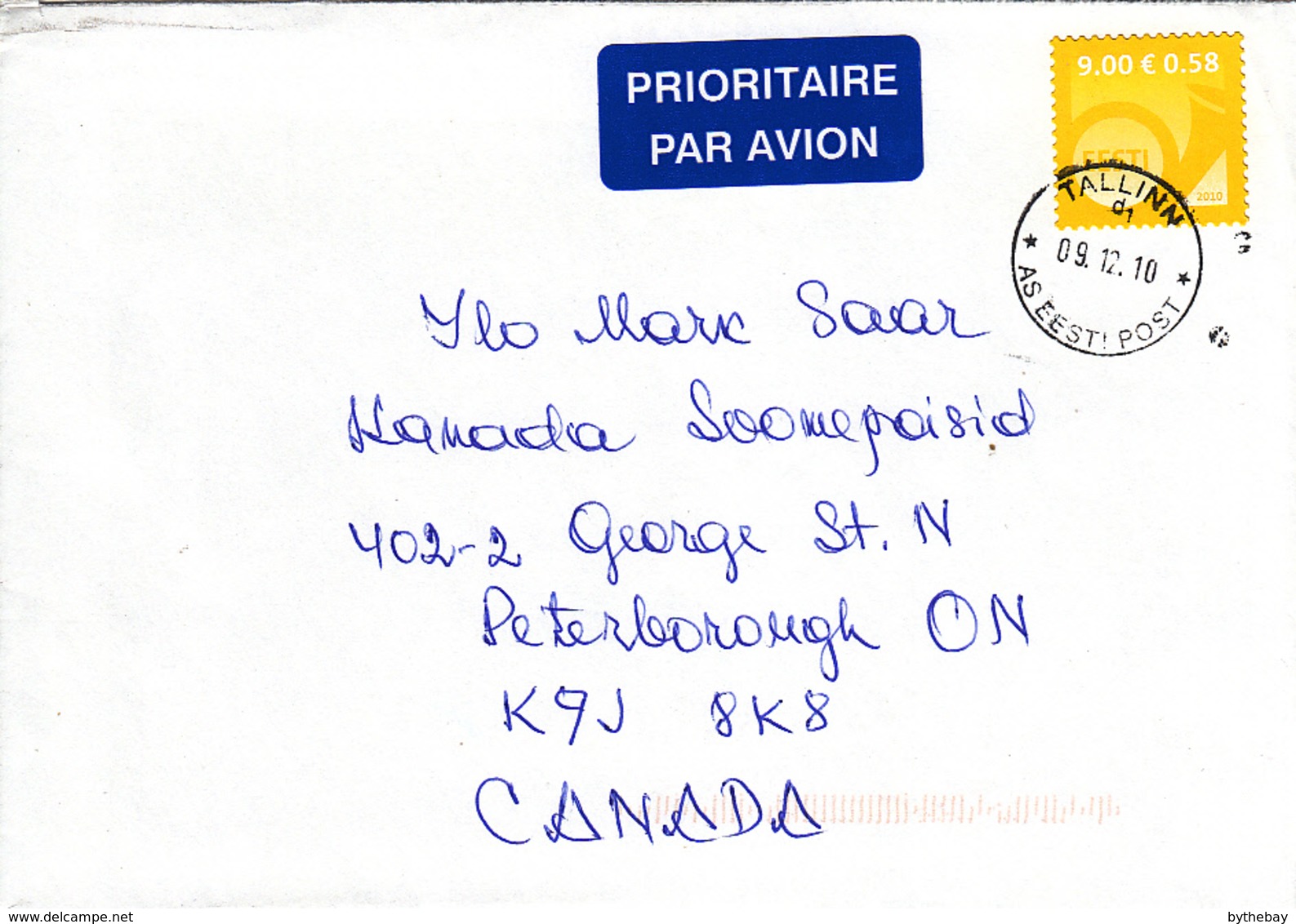 Estonia To Canada 2010 Cover Sc #649 9k Posthorn, Yellow - Estonie