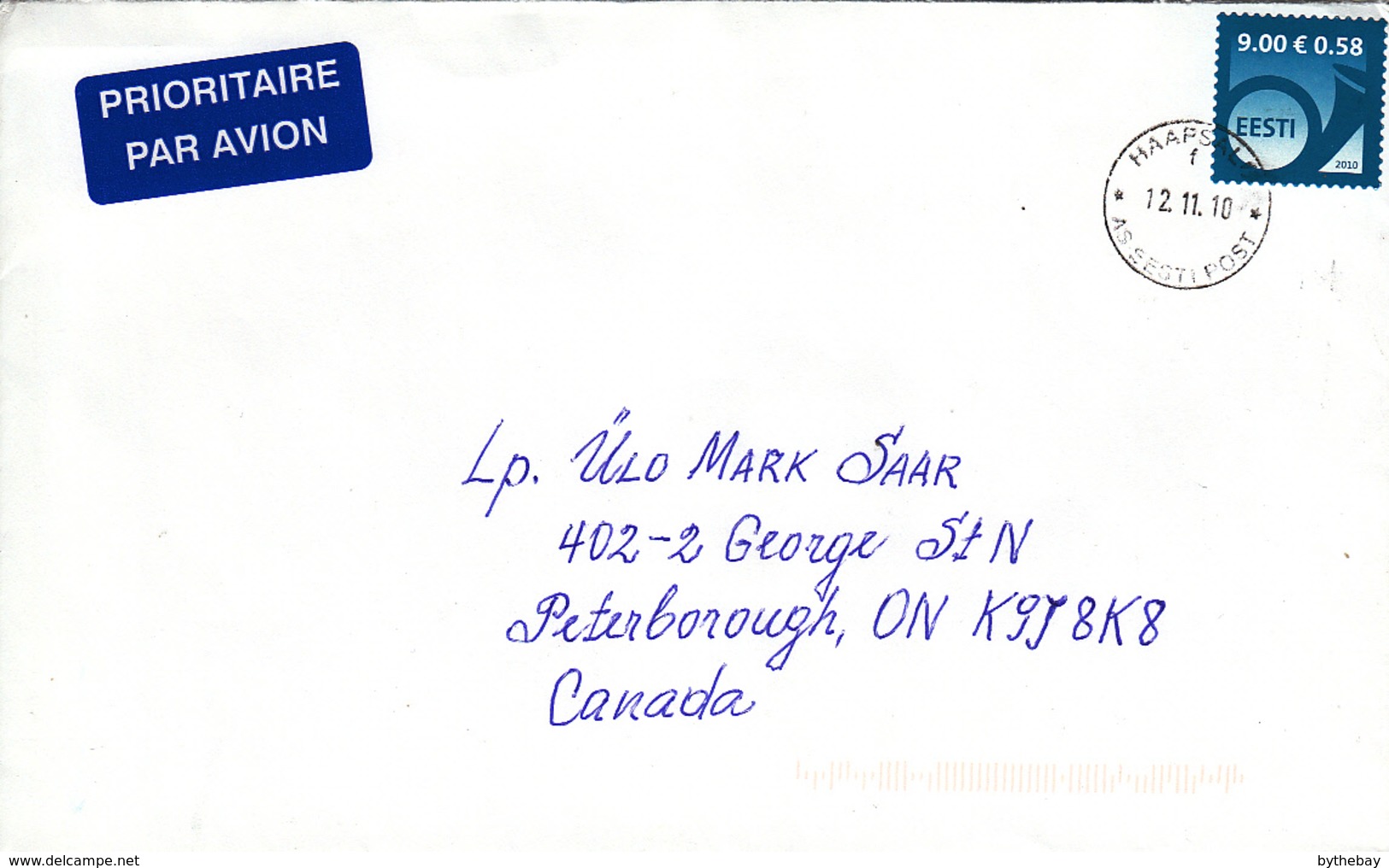 Estonia To Canada 2010 Cover Sc #634 9k Posthorn, Blue Dated 2010 - Estonie