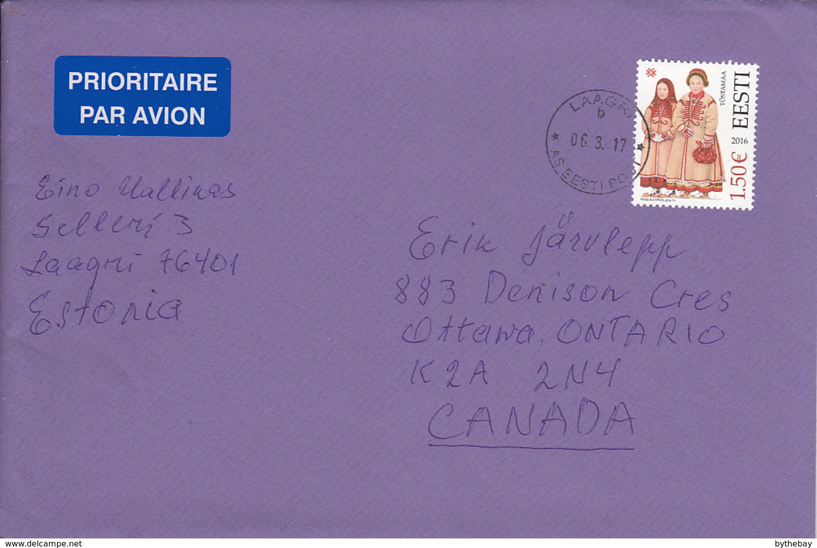 Estonia To Canada 2017 Cover 1.50Euros Tostamaa Folk Costumes - Estonie