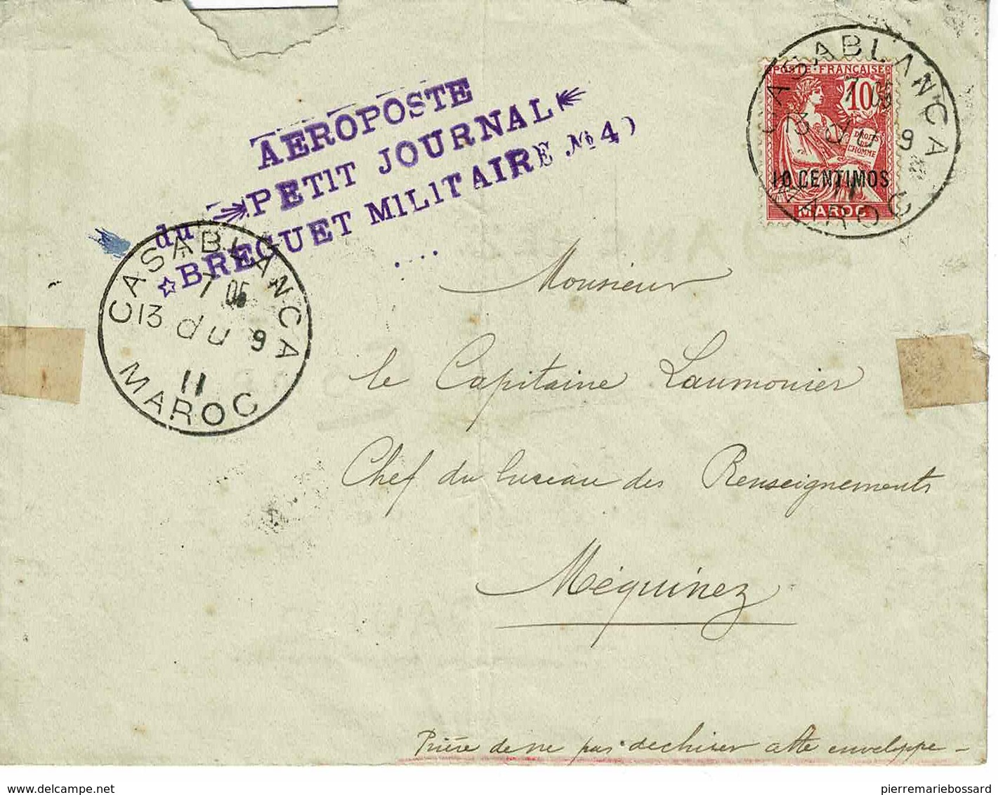 LETTRE AEROPOSTE PETIT JOURNAL BREGUET MILITAIRE N°4 CASABLANCA _ TIMBRE TYPE MOUCHON COLONIE N°12 AVEC SURCHARGE - Covers & Documents