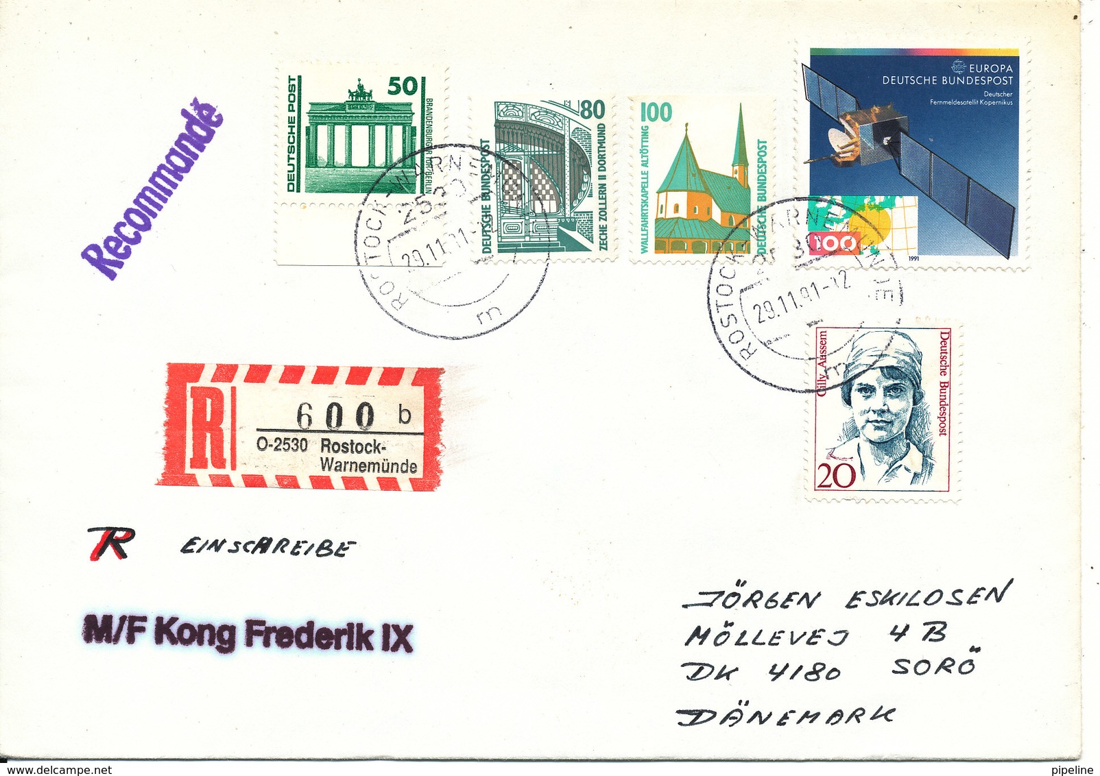 Germany Registered Ship Cover M/F Kong Frederik Sent To Denmark 29-12-1991 - Covers & Documents