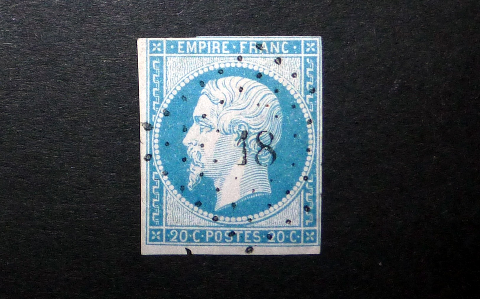 FRANCE 1854 N°14I OBL. LOSANGE PC 18 (NAPOLÉON III. SECOND EMPIRE. 20C BLEU. LÉGENDE EMPIRE FRANC. NON DENTELÉ. TYPE I) - 1853-1860 Napoléon III