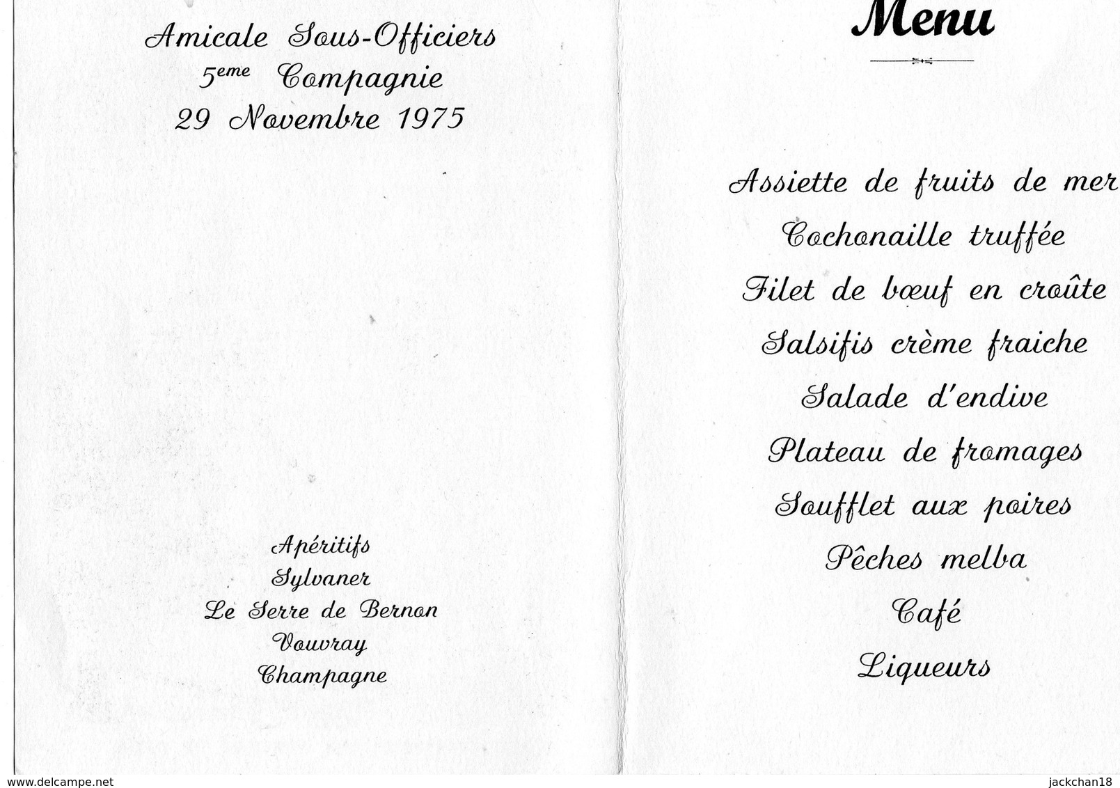 -- LE CENTENAIRE DES POMPIERS DE PARIS - AMICALE SOUS OFFICIERS 5eme COMPAGNIE 29 Novembre 1975 -- - Menus