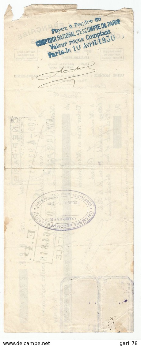 Lettre De Change Du 31 Mars 1930 Compagnie Française De Bagages Pleins  + Timbre Fiscal - Lettres De Change